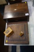 Mahogany workbox, Mauchline ware thimble case etc.