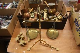 Assorted brassware including set of scales