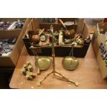 Assorted brassware including set of scales