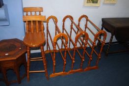 Two pine stools and three towel rails