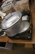 Various aluminium pots and pair of scales