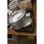 Various aluminium pots and pair of scales