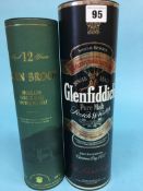 A bottle of Glenfiddich Pure Malt Whiskey, 1 litre and a bottle of Glen Broch Single Malt Whiskey 12