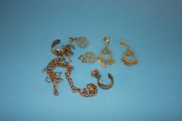 Four pairs of 9ct gold earrings, a 9ct gold bracelet and necklace, weight 14 grams