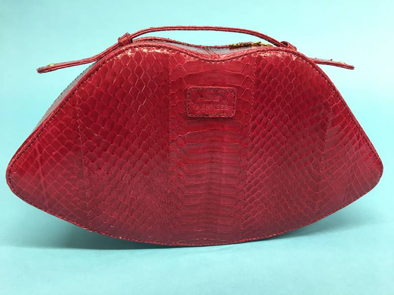 Raspberry snakeskin leather ‘Lips’ clutch bag from Lulu Guinness, with dust bag - Image 3 of 3