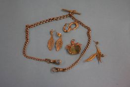 A yellow metal Albert, swivel fob and three pairs of earrings