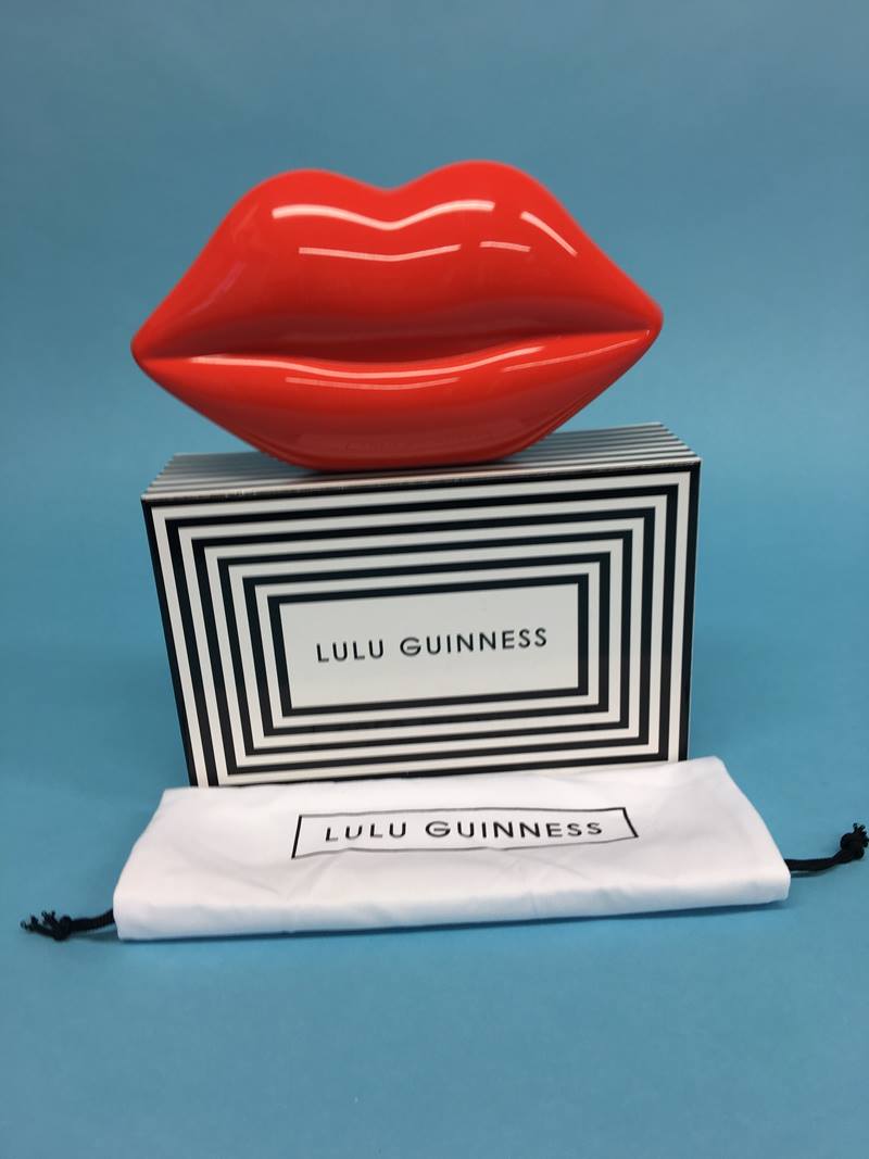 Red Perspex ‘Lips’ clutch bag from Lulu Guinness, with box and dustbag