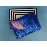 Dark Blue and Pink glitter pouch with cut-out lip from Lulu Guinness, with box