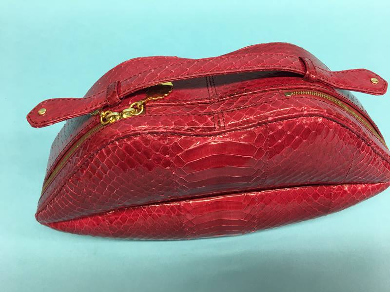 Raspberry snakeskin leather ‘Lips’ clutch bag from Lulu Guinness, with dust bag - Image 2 of 3