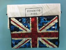 Oversized black satin 'Felicity' clutch with Union Jack sequin design from Lulu Guinness, with