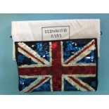 Oversized black satin 'Felicity' clutch with Union Jack sequin design from Lulu Guinness, with