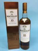 A bottle of Macallan 10 year old, sherry oak casked, 700ml bottle