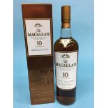 A bottle of Macallan 10 year old, sherry oak casked, 700ml bottle