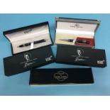 Three boxed Mont Blanc style ball point pens, a Louis Codan pen and a Pierre Cardin style magnifying