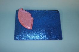 Dark Blue and Pink glitter pouch with cut-out lip from Lulu Guinness