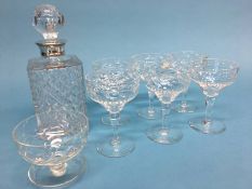 A silver mounted square Whiskey decanter, a set of six cocktail glasses and six sundae dishes