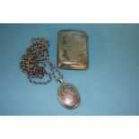 A silver cigarette case from Masonic Lodge 1643 Hebburn and a silver coloured oval locket and chain