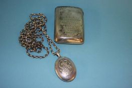 A silver cigarette case from Masonic Lodge 1643 Hebburn and a silver coloured oval locket and chain