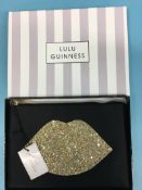 Black with gold glitter Lip purse from Lulu Guinness, with box