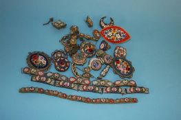 Five decorative mosaic bracelets, eleven mosaic brooches etc.