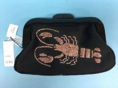 Large black sequin Lobster 'Pollyanna' satin clutch bag from Lulu Guinness, with dust bag