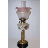 Victorian brass oil lamp with hand painted milk gl