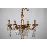 Brass Rococo style 5 branch chandelier with crysta