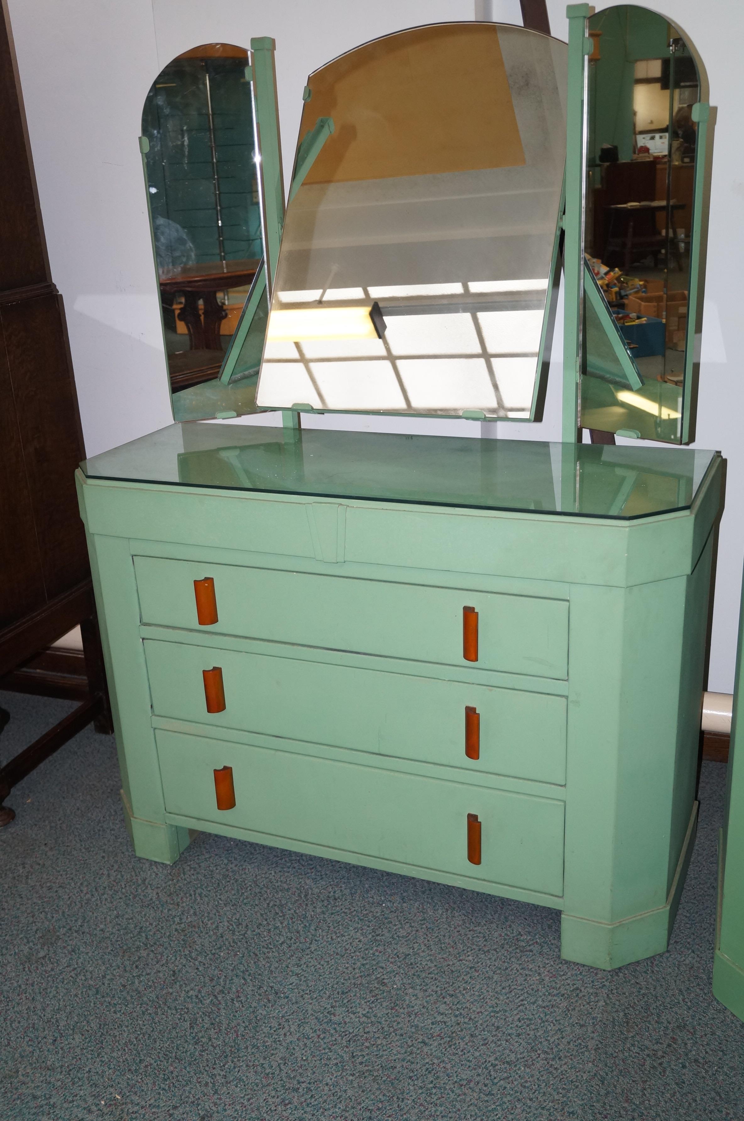 Unusual metal art deco bedroom suite, comprising dressing table, two wardrobes, headboard and