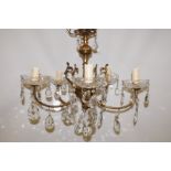 Italian brass Rococo five branch chandelier with glass scones & crystal droplets by Mob Dep
