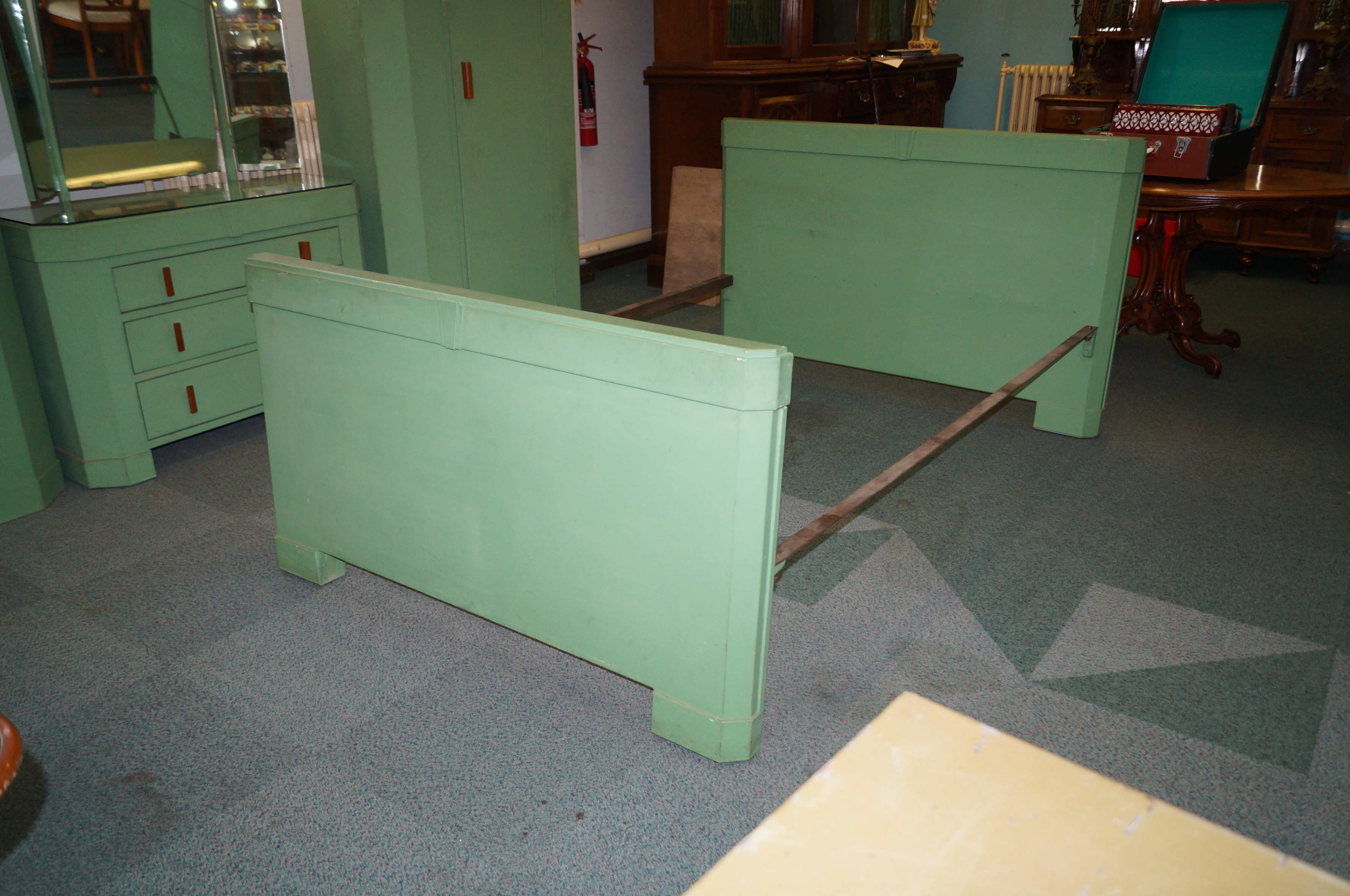 Unusual metal art deco bedroom suite, comprising dressing table, two wardrobes, headboard and - Image 9 of 9