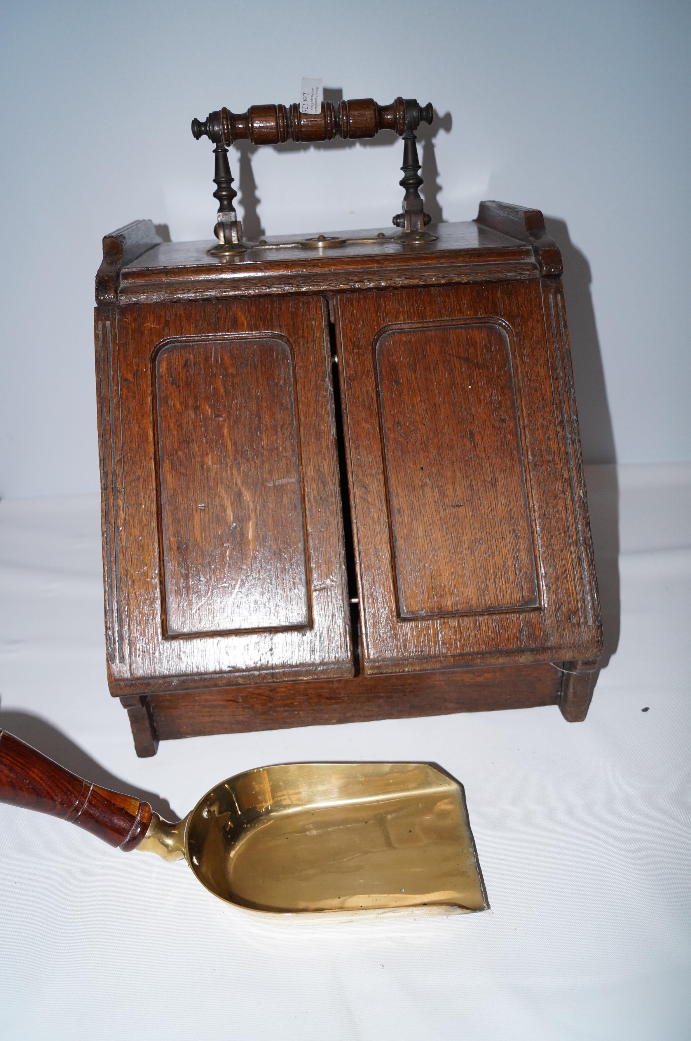 Oak coal scuttle with mechanical door opening hand