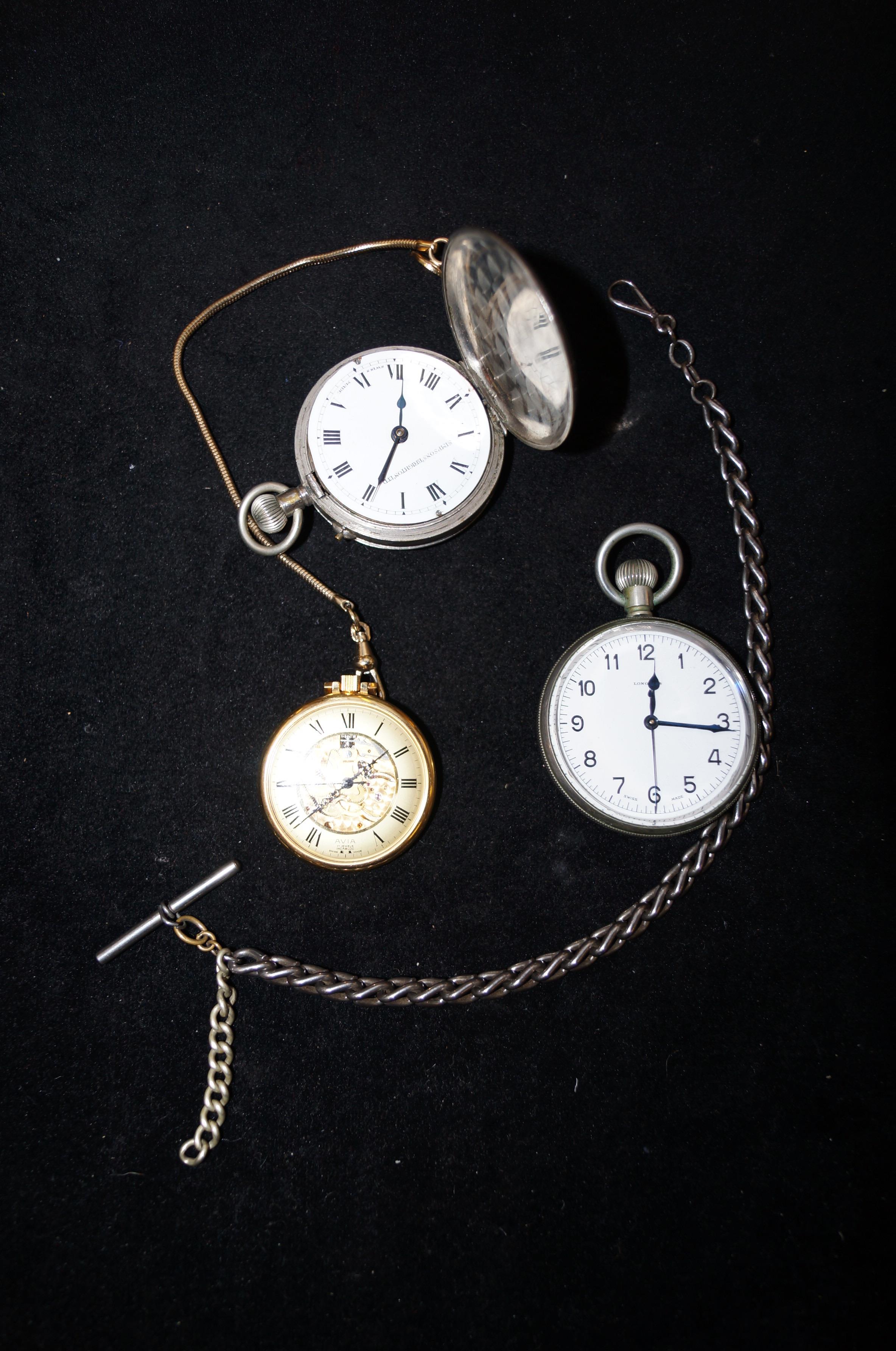 3 Pocket watches together with Albert chain