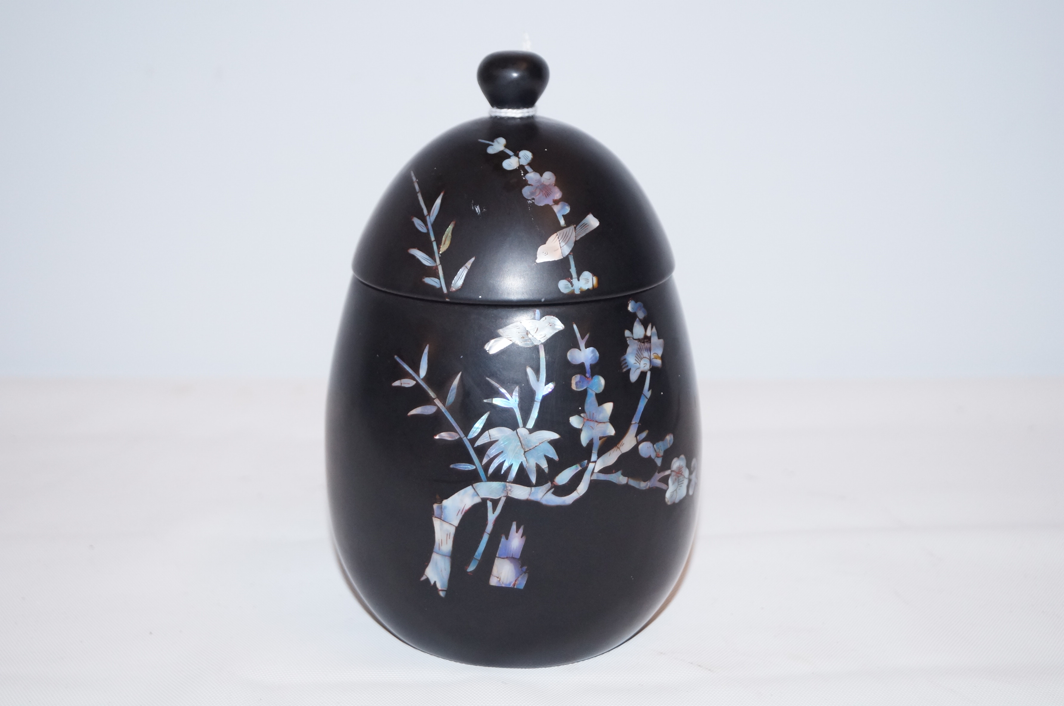 Papermache lidded jar with mother of pearl inlay H