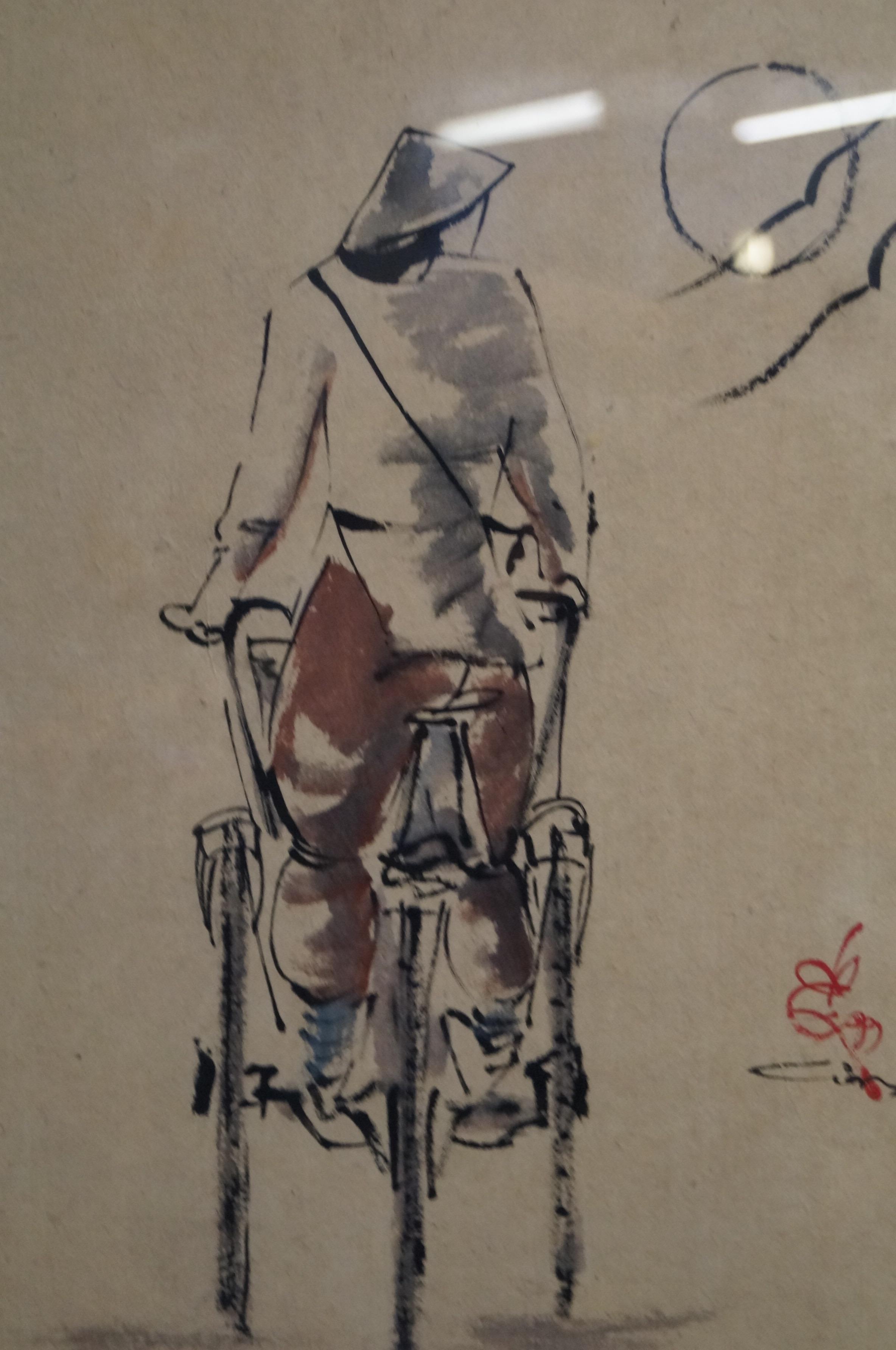 Watercolour of a Japanese man on a bike signed