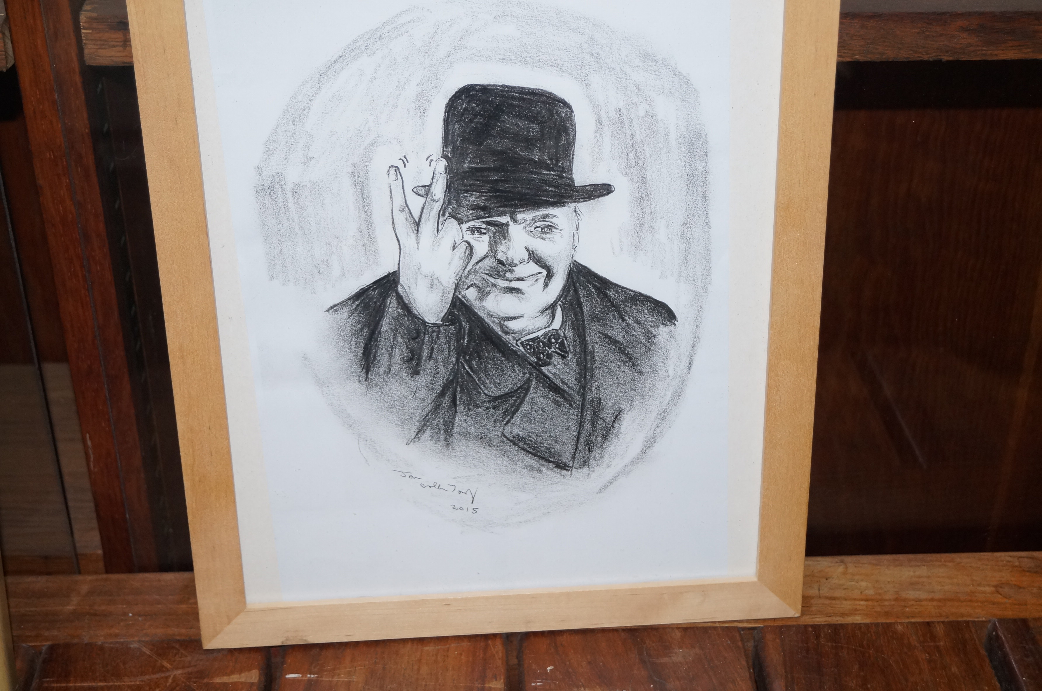 Signed charcoal drawing of Winston Churchill