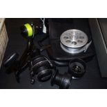 Aluminium fly wheel & 2 carp reels with spare spoo