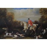 Large oil on canvas of a hunting scene in a guilt