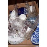 Glass and ceramics with 2 decanters & a Chinese bo