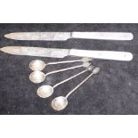 4 silver coffee spoons together with 2 bladed kniv