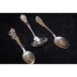 2 American silver souvenir spoons and a sugar spoo