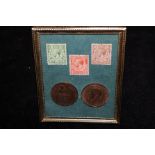 Framed George V coins & stamps