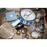 Box of metal ware to include Wedgewood