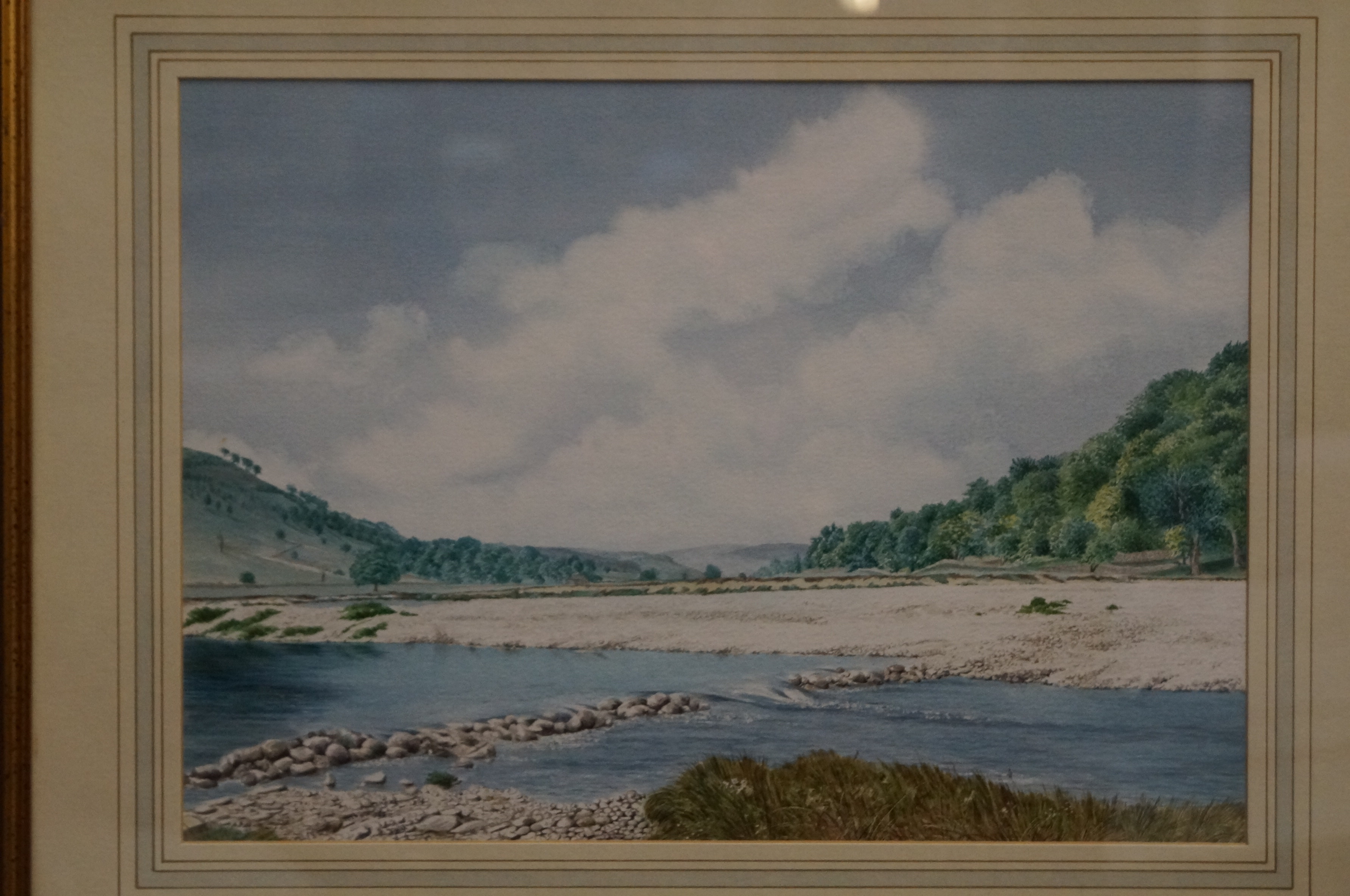 Framed watercolour river wharfe & grass wood by Al