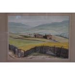 Framed watercolour called moorland farms Holcombe