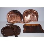 2 art Nouveau copper crum trays with 2 others
