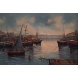 Early oil on canvas harbour scene