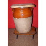 Large stoneware barrel with lid and stand