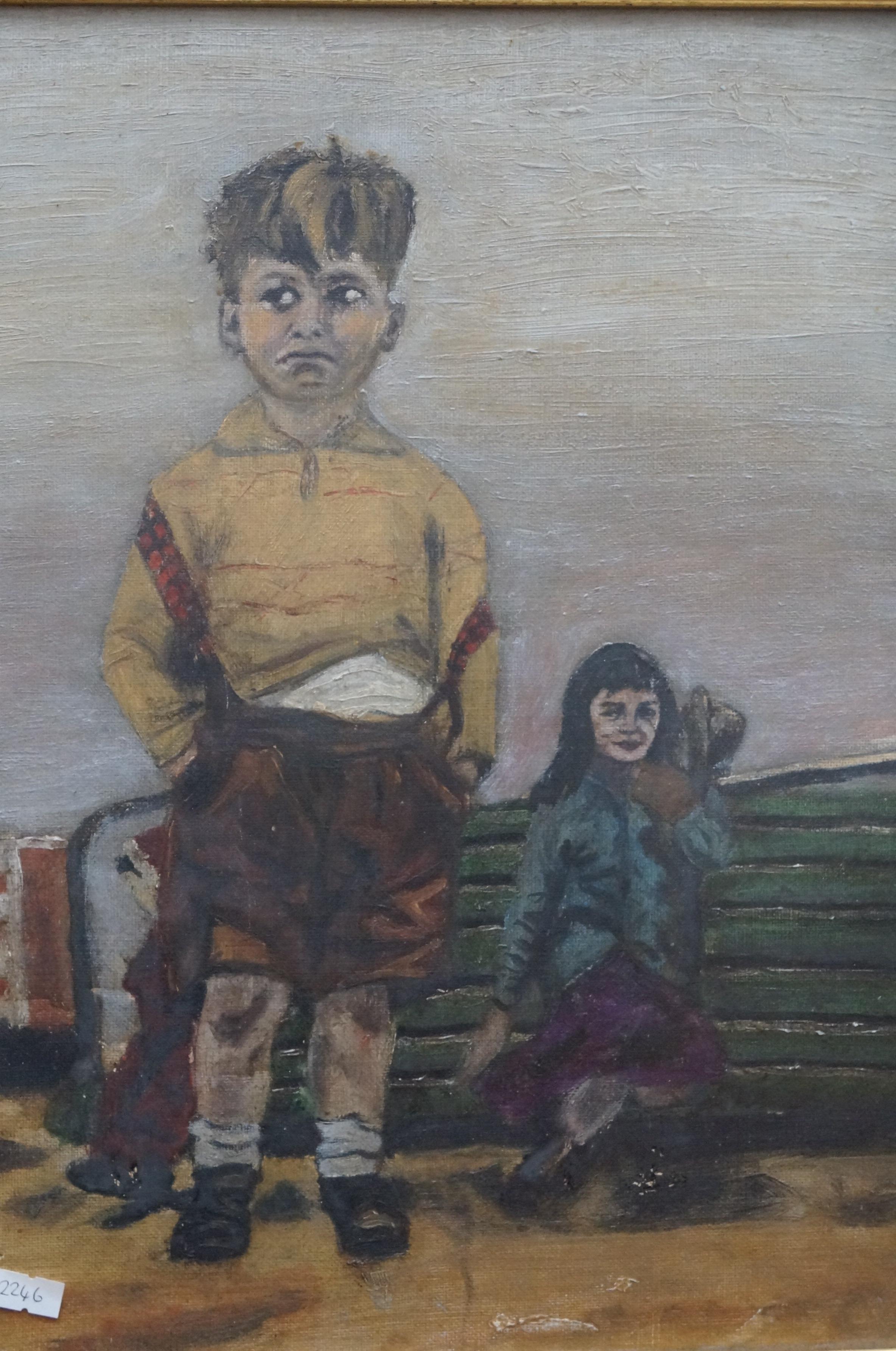 Framed oil on board depicting girl & boy