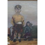Framed oil on board depicting girl & boy