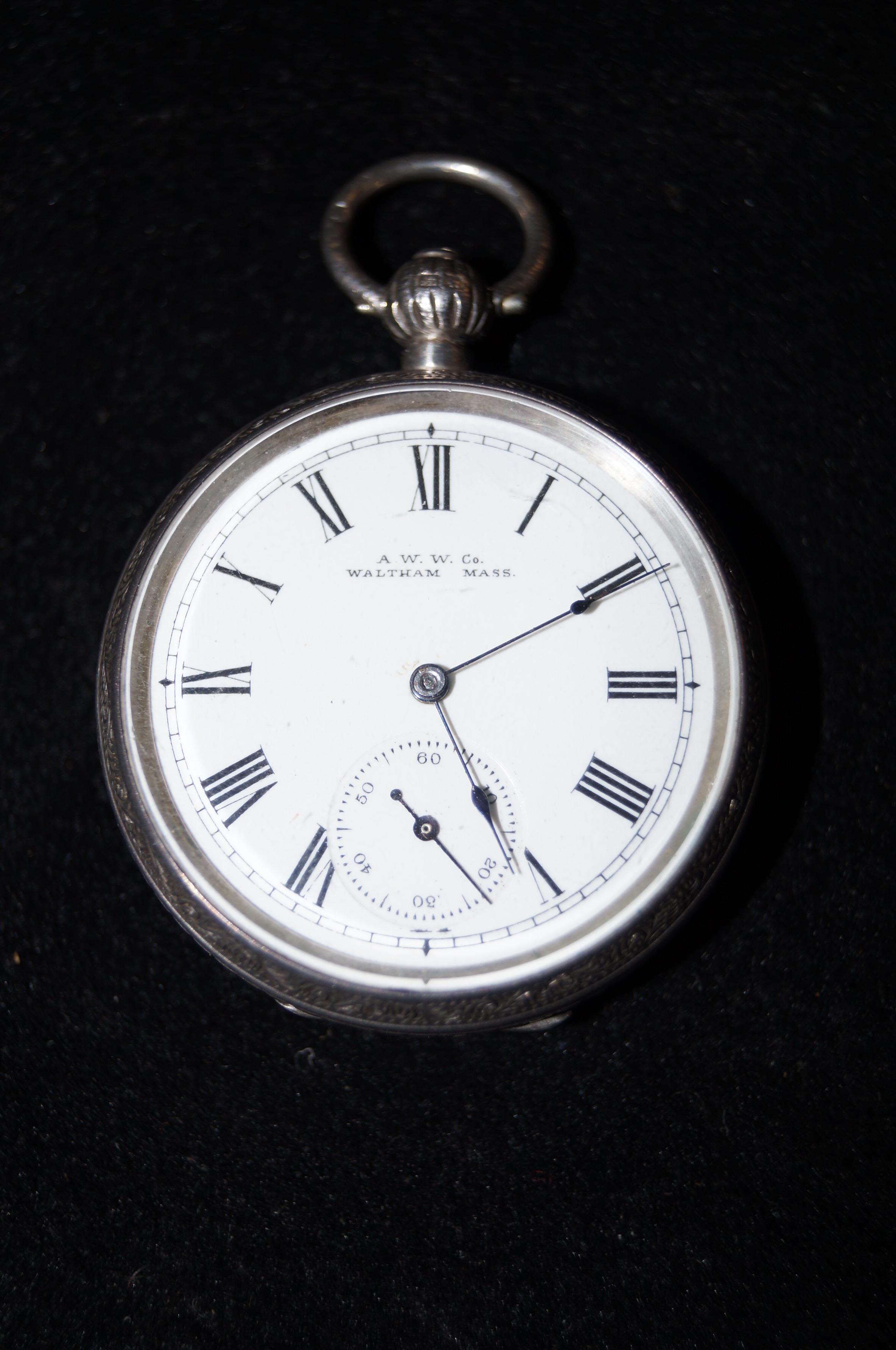 Waltham silver cased fob watch late, date letter f